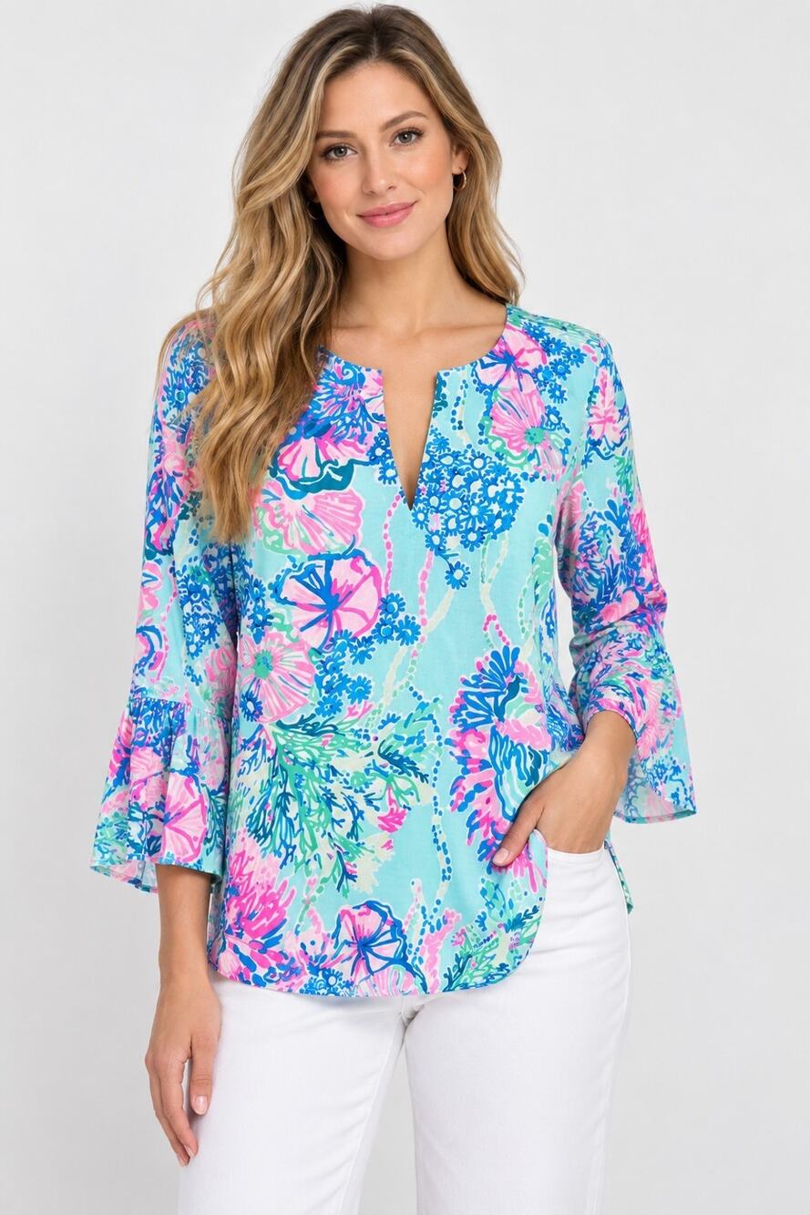 Lilly Pulitzer Blue Pink Floral Pima Cotton Top Large